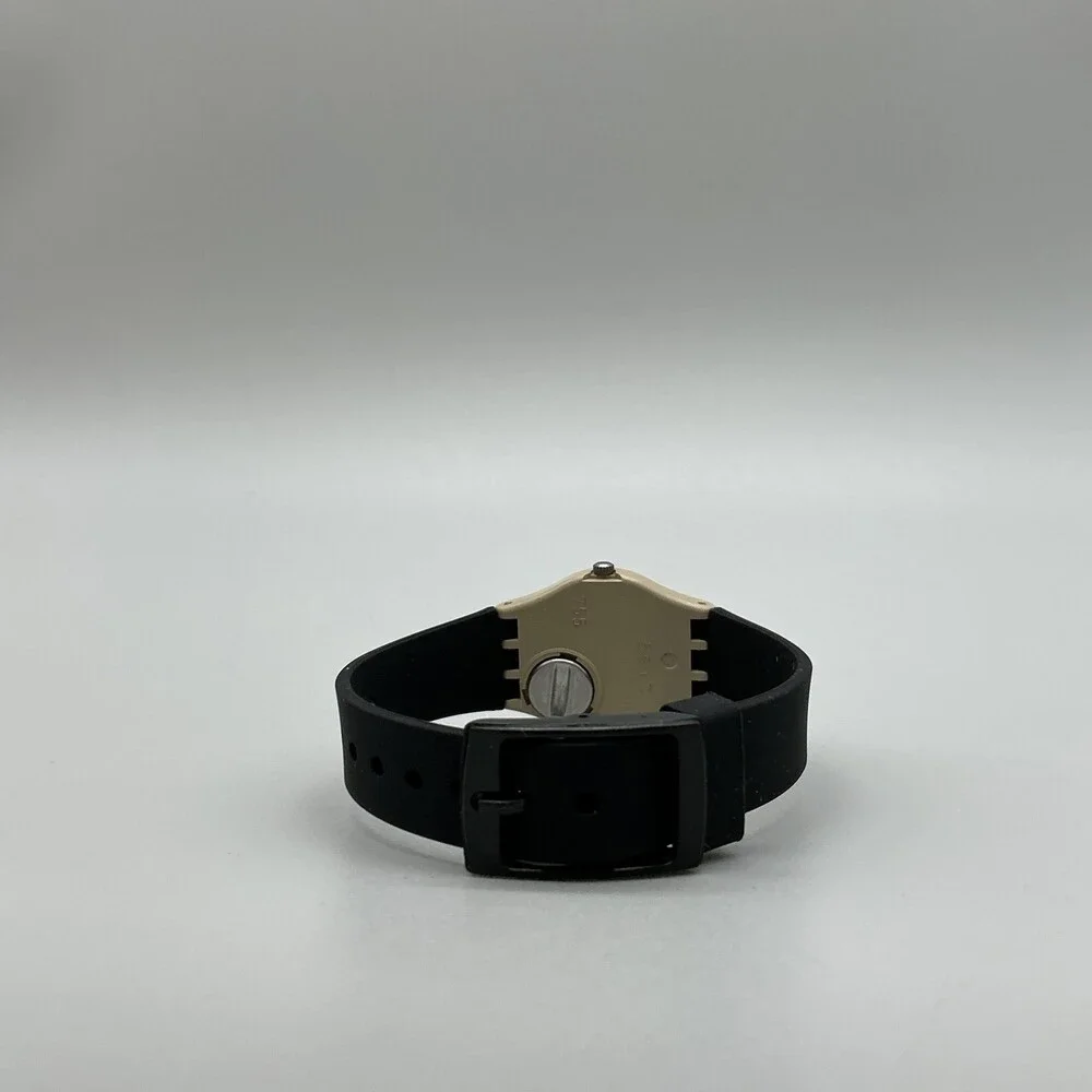 Vintage Swatch BG/BC Womens Watch 25mm Gold Tone Leopard Dial Black Band LT102
